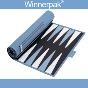 Winnerpak BG-01 Backgammon-Tasche mit aufrollbarer Öffnung, Melamin-Spielsteinen, hellblauem Saffiano-Kunstleder, schwarzer Spielfläche
