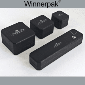 LE11B black leatherette LED jewelry box collection with ring, earring, necklace, and bracelet boxes