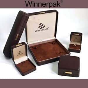 RC17B leatherette hinge boxes open: set, ring, pendant, long chain, and closed bangle box