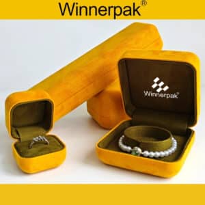 RM01 mustard suede jewelry boxes — open ring box, bracelet cuff box, closed long chain box